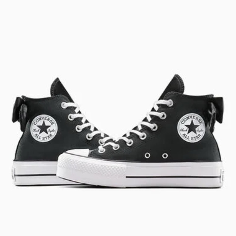 . Converse Chuck Taylor Black & White All Star Lift Bow Platform Sneakers - Picture 2 of 9